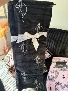 BABY PHAT Black Plush Throw Blanket with White Embroidered Dance Motifs